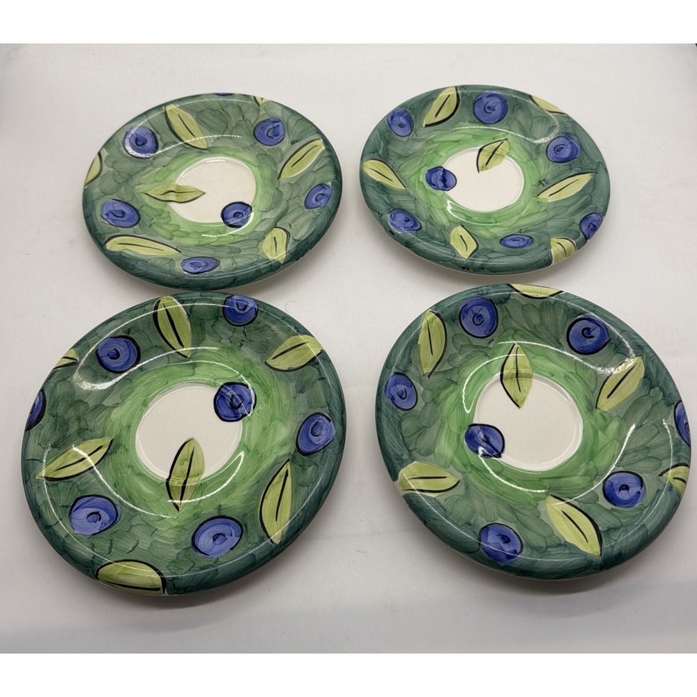 VTG 2000 Set of 4 Bob Mackie Ceramic Saucer Cup Blueberries Leaves